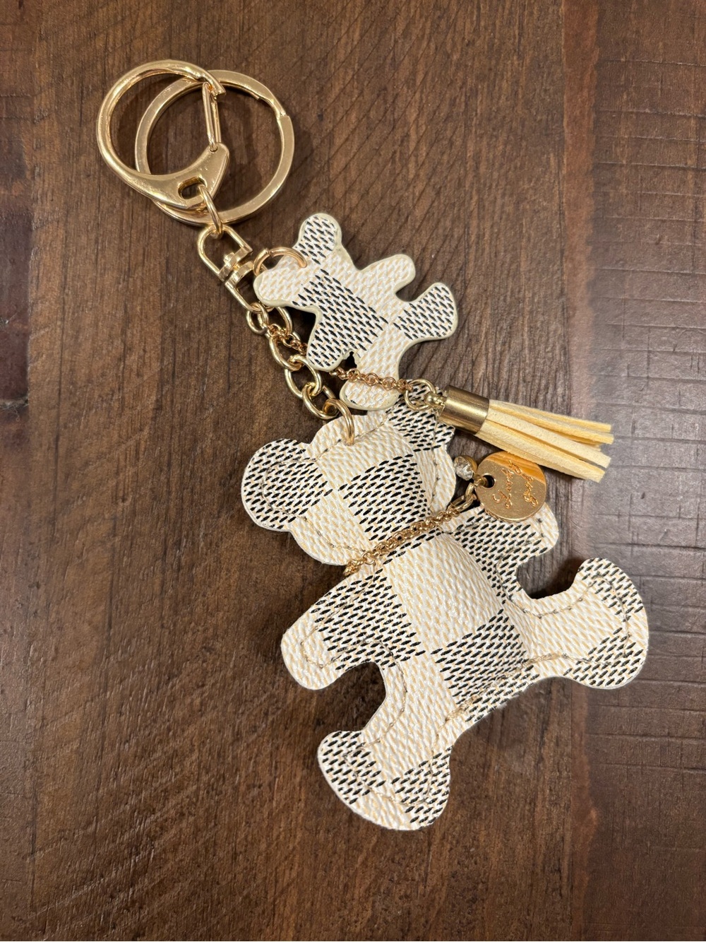 New! Buffalo Plaid Bear Faux Leather Tassel Keychain Bag Charm - Picture 2 of 3